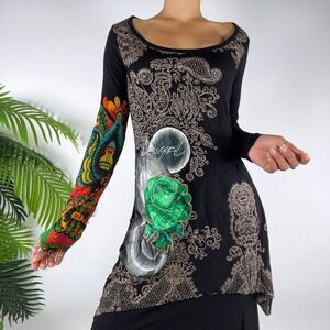 Vintage Y2K Desigual Black Floral Fairy Grunge Long Sleeve Boho Tunic Top / L